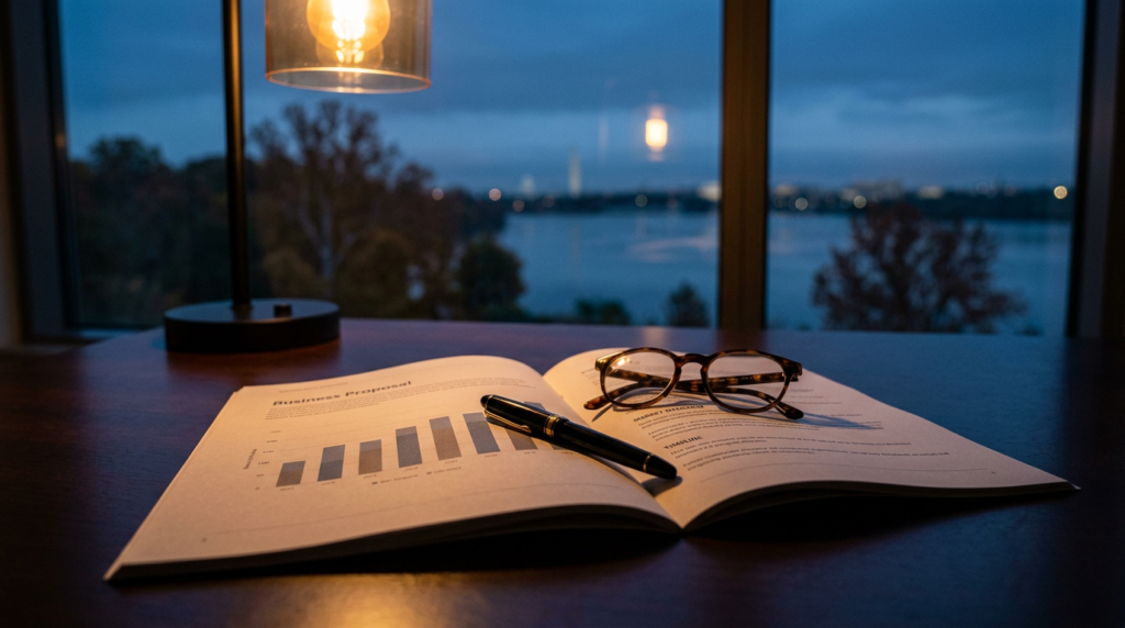 Printed business proposal with a bar chart on a desk at dusk
