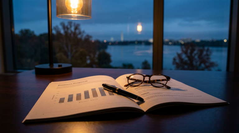 Printed business proposal with a bar chart on a desk at dusk