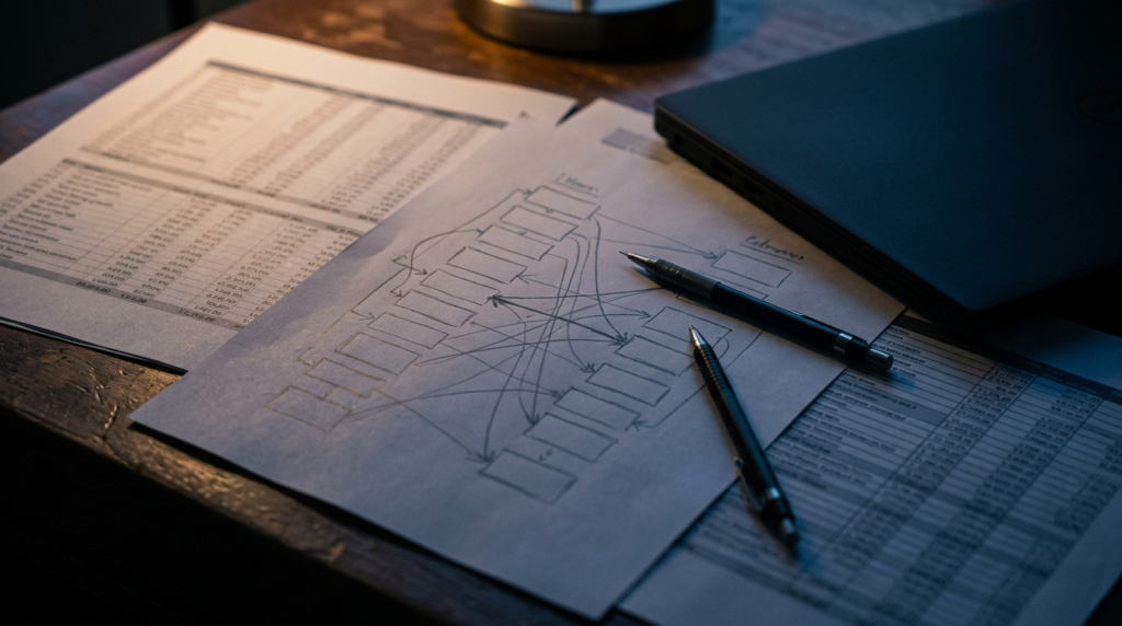 Hand-drawn data mapping diagram and printed spreadsheets on a desk
