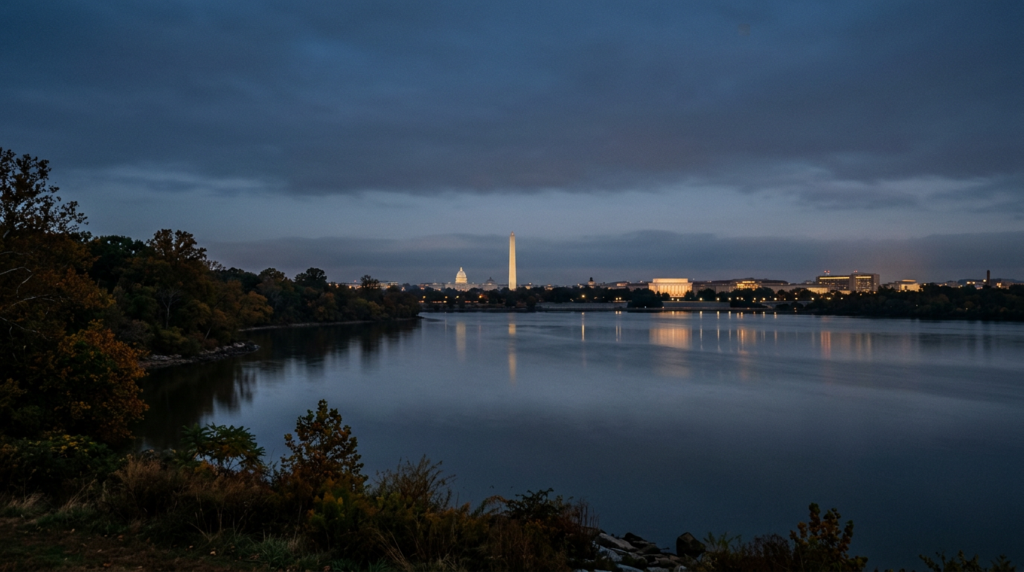 Washington, DC skyline across the Potomac River at blue hour