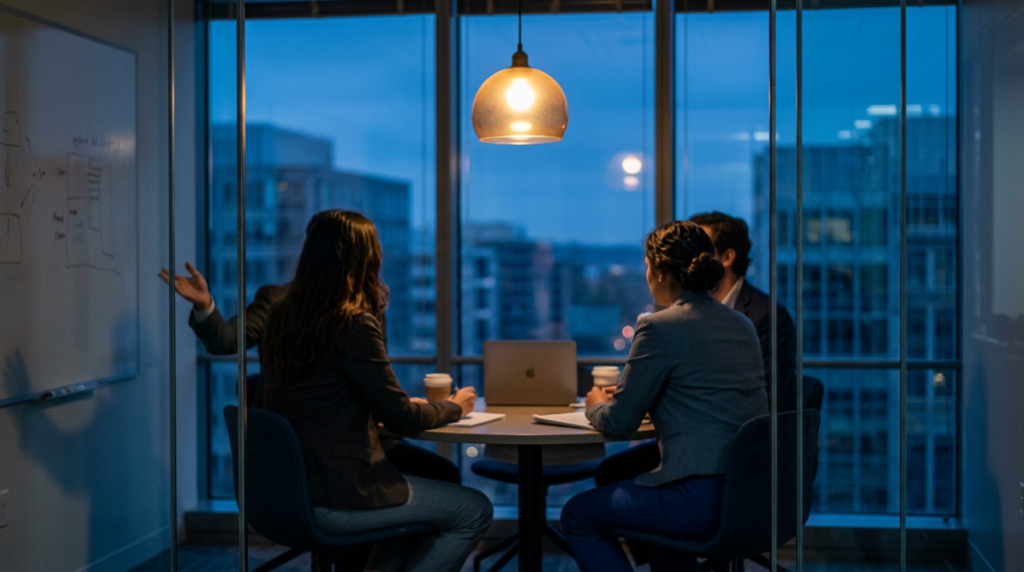 Three colleagues meeting in a glass-walled room at dusk
