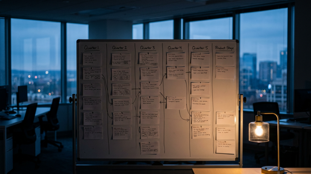 Whiteboard with index cards arranged as a quarterly product roadmap