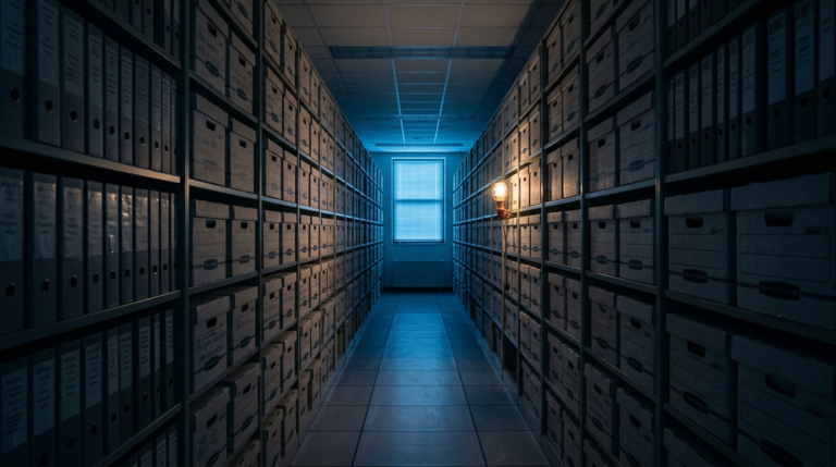 Long aisle of archive shelving in a records room
